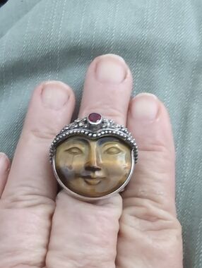 Sterling Silver Moon Face Ring with Tiger's Eye and Red Accent